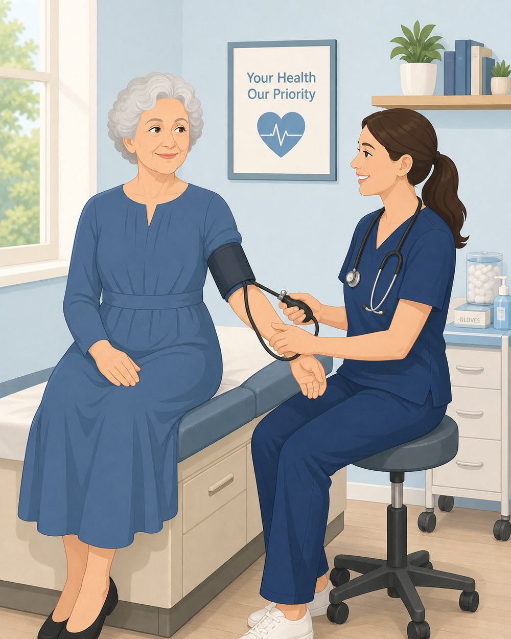 A clinician taking a patient's blood pressure during a home visit.
